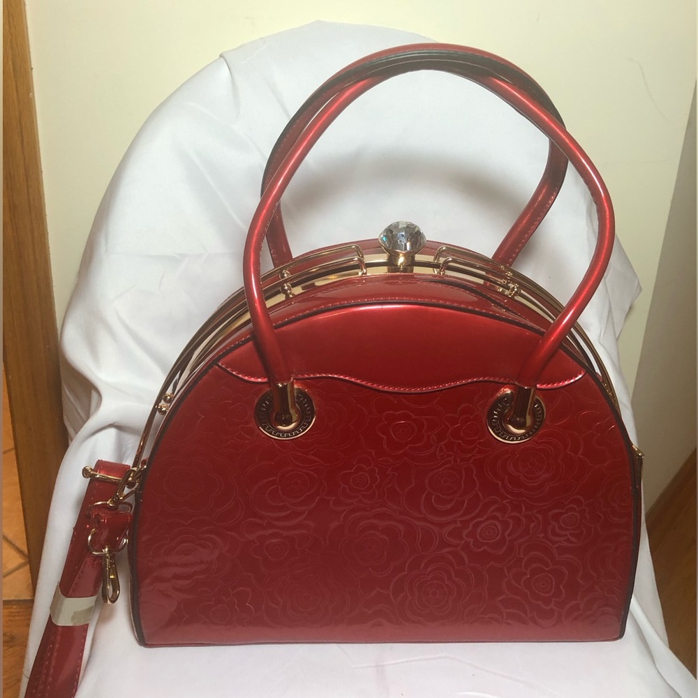 Red Floral Patent Dome Handbag with Gold Accents - Picture 1 of 8